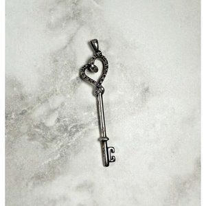 Silver Tone Heart with CZs Key Pendant - Key to My Heart - 1 7/8"